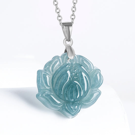 Blue Water Ice Jadeite Jade Lotus Flower S925 Silver Pendant Necklace