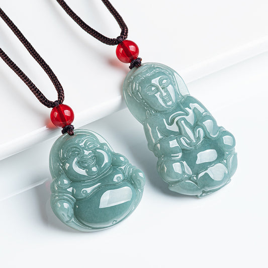 Blue Water Ice Jadeite Jade Guanyin and Laughing Buddha Pendant Necklace Set
