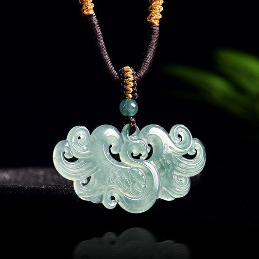 Blue Water Icy Jadeite Jade Phoenix Carved Pendant Necklace