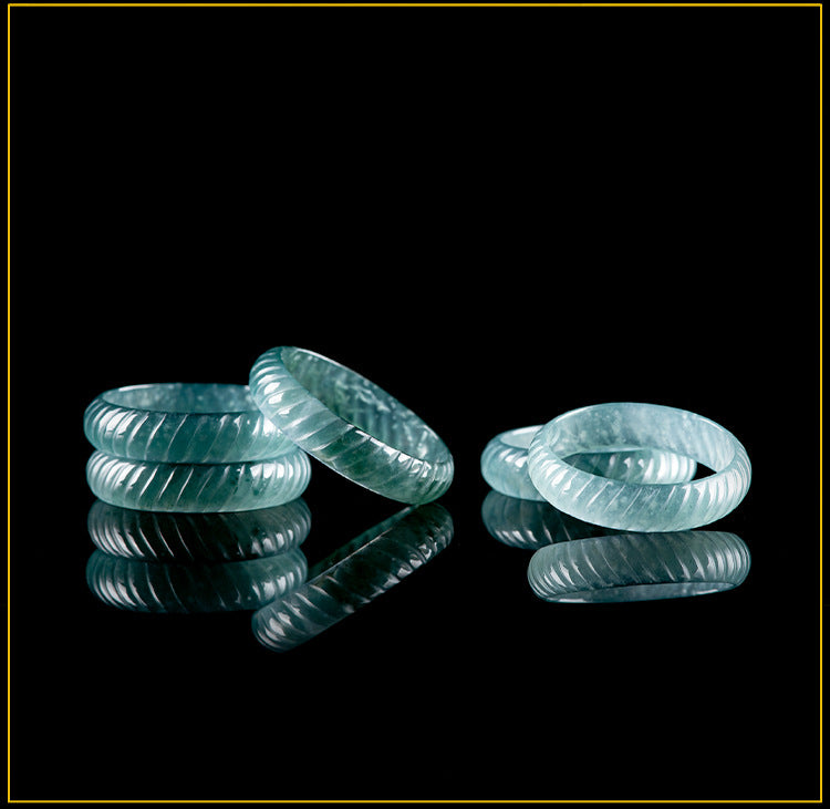 Grade A Ice-Type Blue Water Jadeite Jade Dragon Scale Carved Solid Band Ring