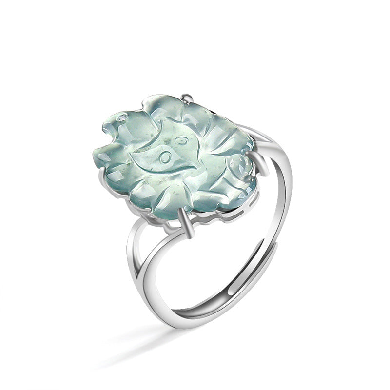 S925 Sterling Silver Set Grade A Ice-Type Blue Water Jadeite Jade Nine-Tailed Fox Adjustable Ring