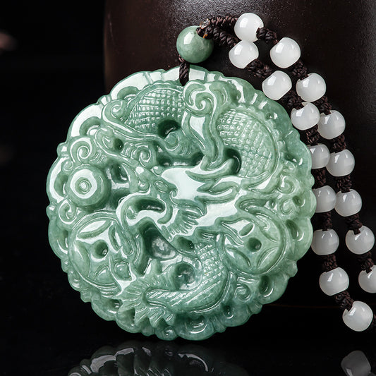 Grade A Icy Jadeite Jade Dragon and Wealth Coin Pendant Necklace