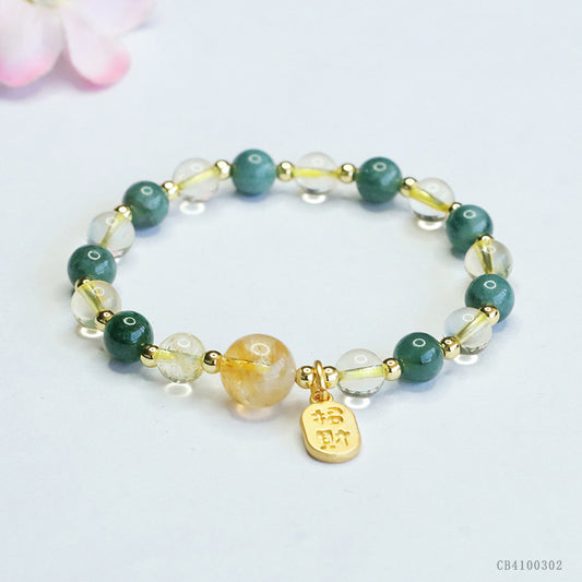 Blue Water Jadeite Jade and Citrine Multi-Gemstone Beaded Bracelet with "Zhao Cai" Wealth Charm