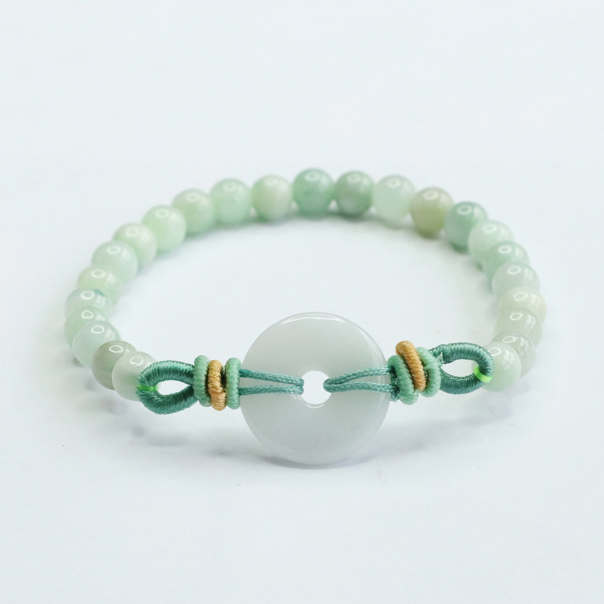 Blue Water Jadeite Jade Beaded Bracelet with Ping An Kou Centerpiece