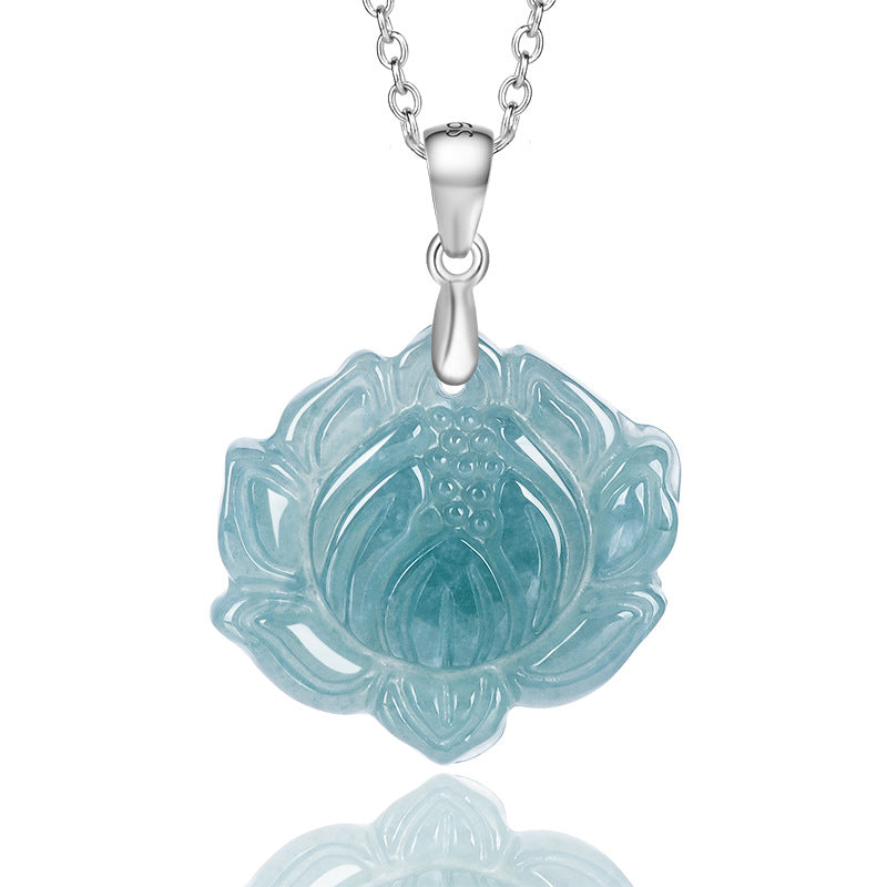 Blue Water Ice Jadeite Jade Lotus Flower S925 Silver Pendant Necklace
