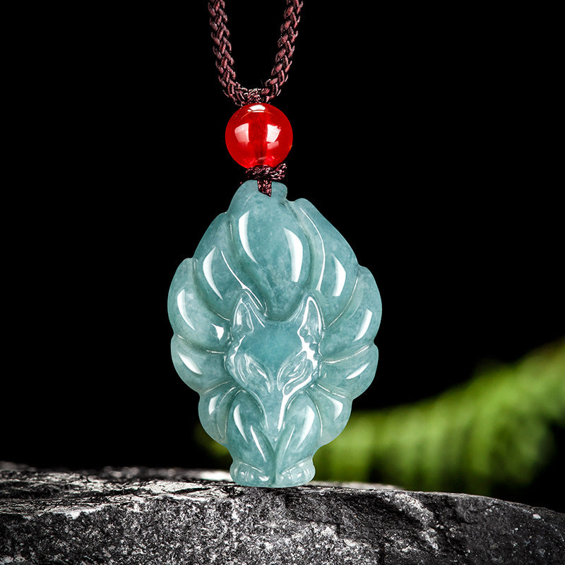 Blue Water Jadeite Jade Nine-Tailed Fox Pendant Necklace