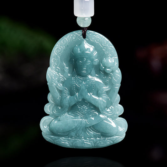 Blue Water Jadeite Jade Four-Armed Guanyin Pendant Necklace