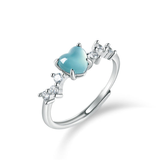 S925 Sterling Silver Set Grade A Ice-Type Blue Water Jadeite Jade Heart-Shaped Adjustable Ring