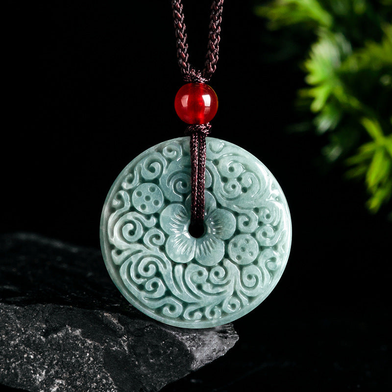 Blue Water Jadeite Jade Vintage Carved Peace Buckle Pendant Necklace