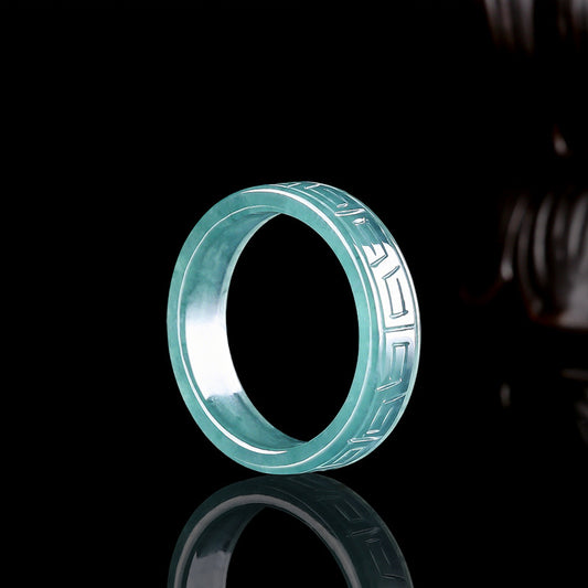 Grade A Ice-Type Blue Water Jadeite Jade Archaistic Motif Square Solid Band Ring