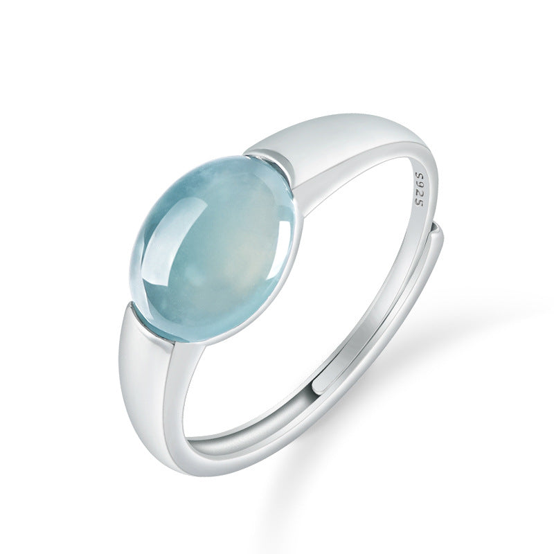 S925 Sterling Silver Set Grade A Ice-Type Blue Water Jadeite Jade Smooth Cabochon Adjustable Ring