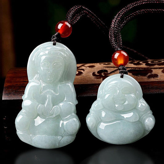 Burmese Grade A Jadeite Jade Guanyin and Maitreya Buddha Carved Pendant Necklace Collection