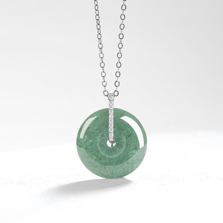 Grade A Green Jadeite Jade Peace Buckle S925 Silver Cubic Zirconia Pendant Necklace