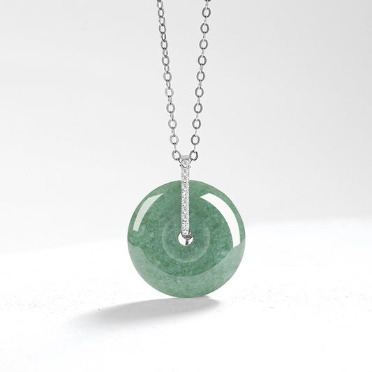 Grade A Green Jadeite Jade Peace Buckle S925 Silver Cubic Zirconia Pendant Necklace