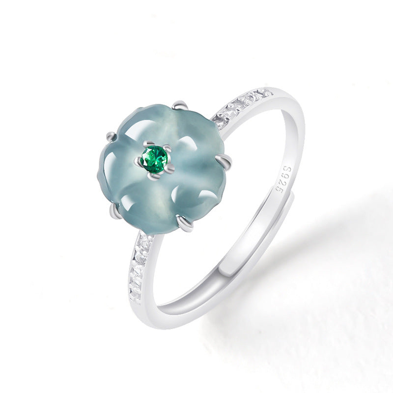 S925 Sterling Silver Set Grade A Ice-Type Blue Water Jadeite Jade Blossom Adjustable Ring