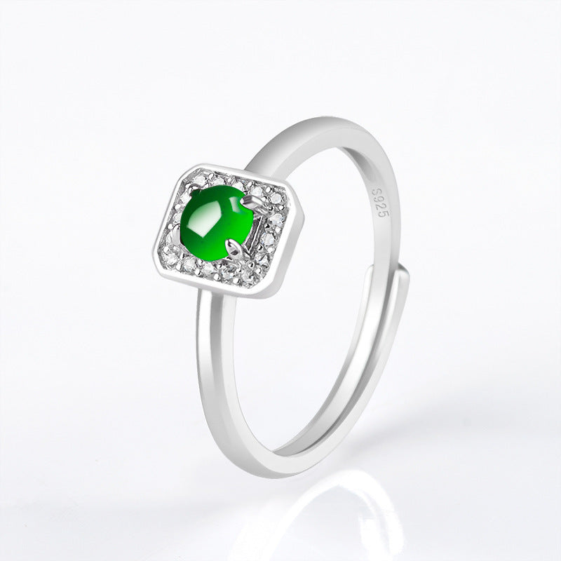 S925 Sterling Silver Set Grade A Ice-Type Vibrant Green Jadeite Cabochon Halo Adjustable Ring