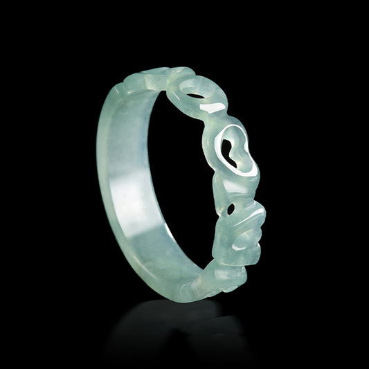 Grade A Ice-Type Blue Water Jadeite Jade LOVE Script Carved Solid Band Ring