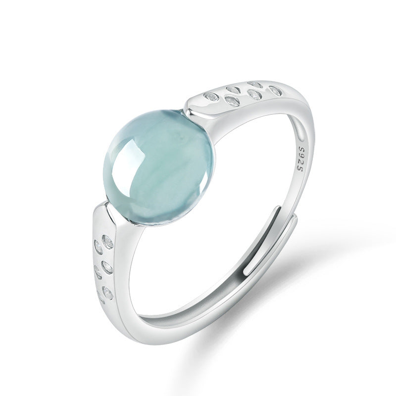 S925 Sterling Silver Set Grade A Ice-Type Blue Water Jadeite Jade Cabochon Minimalist Adjustable Ring