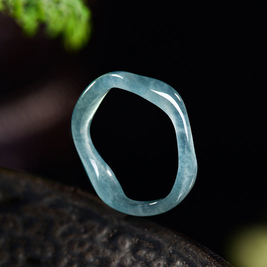 Grade A Ice-Type Blue Water Jadeite Jade Ripple Carved Solid Band Ring