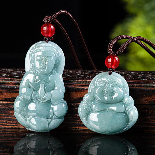 Blue Water Ice Jadeite Jade Guanyin and Laughing Buddha Pendant Necklace Set