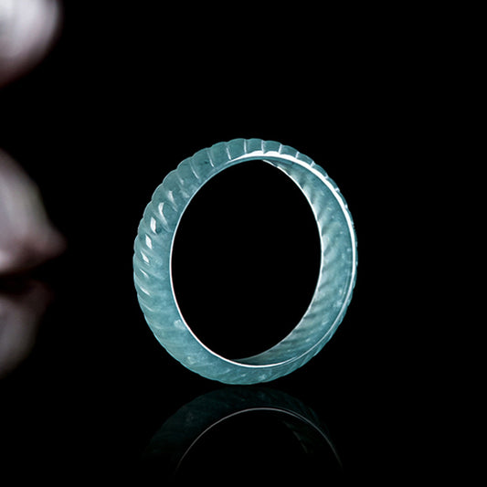 Grade A Ice-Type Blue Water Jadeite Jade Dragon Scale Carved Solid Band Ring