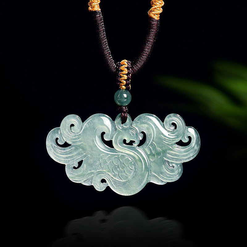 Blue Water Icy Jadeite Jade Phoenix Carved Pendant Necklace