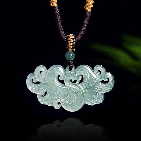Blue Water Icy Jadeite Jade Phoenix Carved Pendant Necklace
