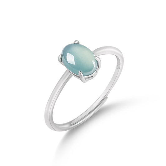 S925 Sterling Silver Set Grade A Ice-Type Blue Water Jadeite Jade Oval Cabochon Adjustable Ring