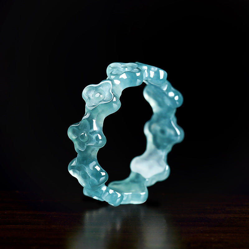 Grade A Ice-Type Blue Water Jadeite Jade Three-Dimensional Four-Leaf Clover Solid Band Ring