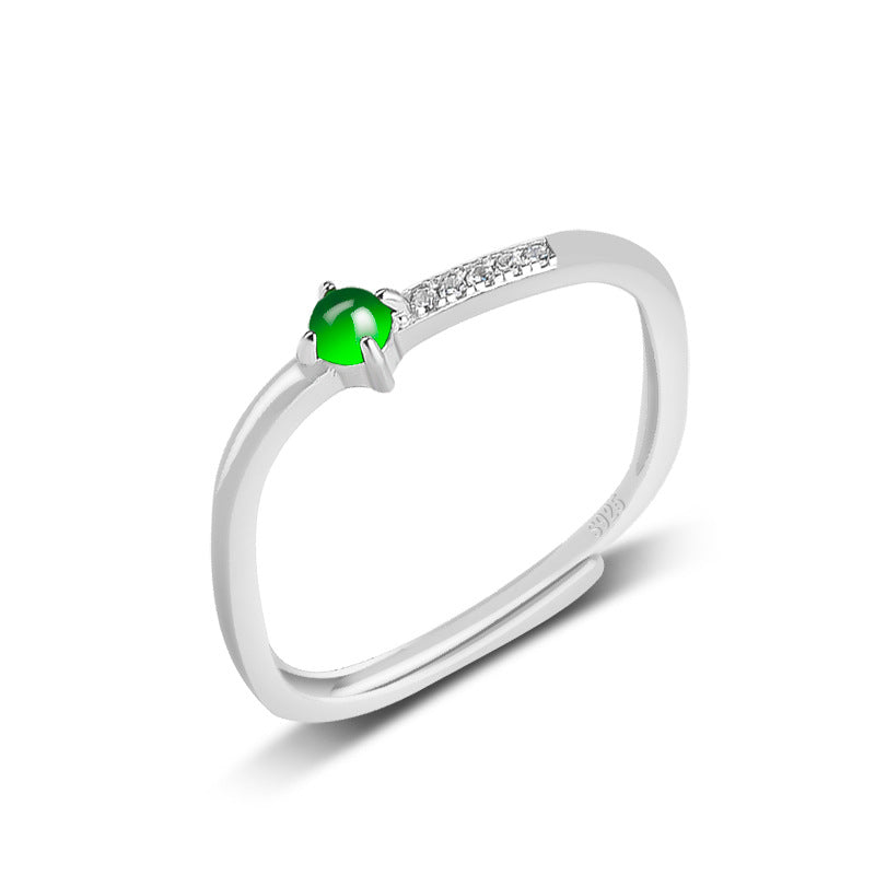 S925 Sterling Silver Set Grade A Ice-Type Vibrant Green Jadeite Cabochon Minimalist Ring
