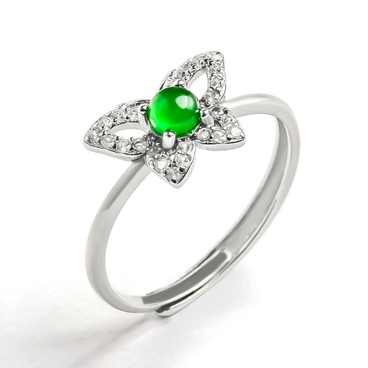 S925 Sterling Silver Set Grade A Ice-Type Vibrant Green Jadeite Jade Butterfly Adjustable Ring