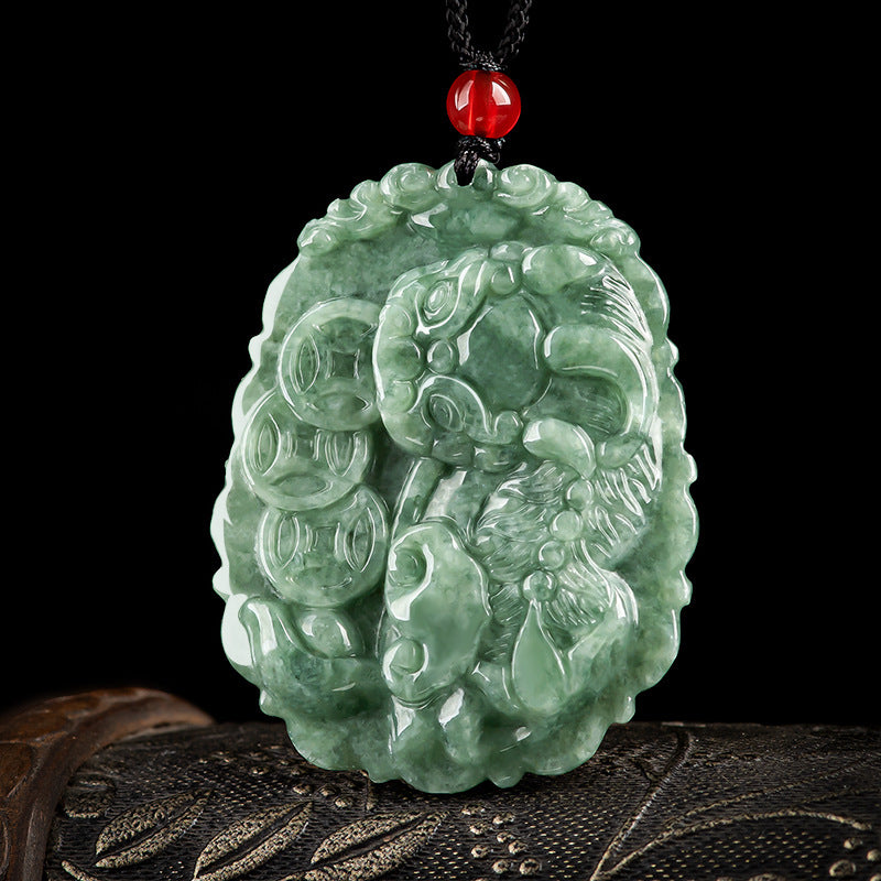 Grade A Ice Jadeite Jade Pixiu & Triple Wealth Coins Pendant Necklace