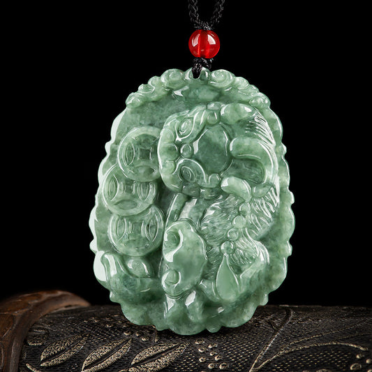 Grade A Ice Jadeite Jade Pixiu & Triple Wealth Coins Pendant Necklace