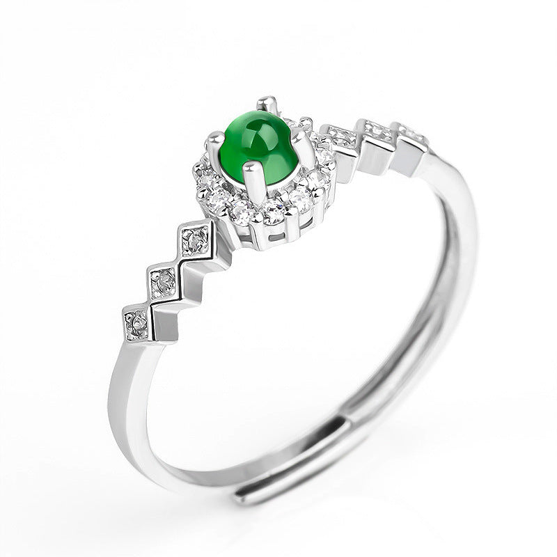 S925 Sterling Silver Set Grade A Ice-Type Vibrant Green Jadeite Cabochon Geometric Halo Adjustable Ring