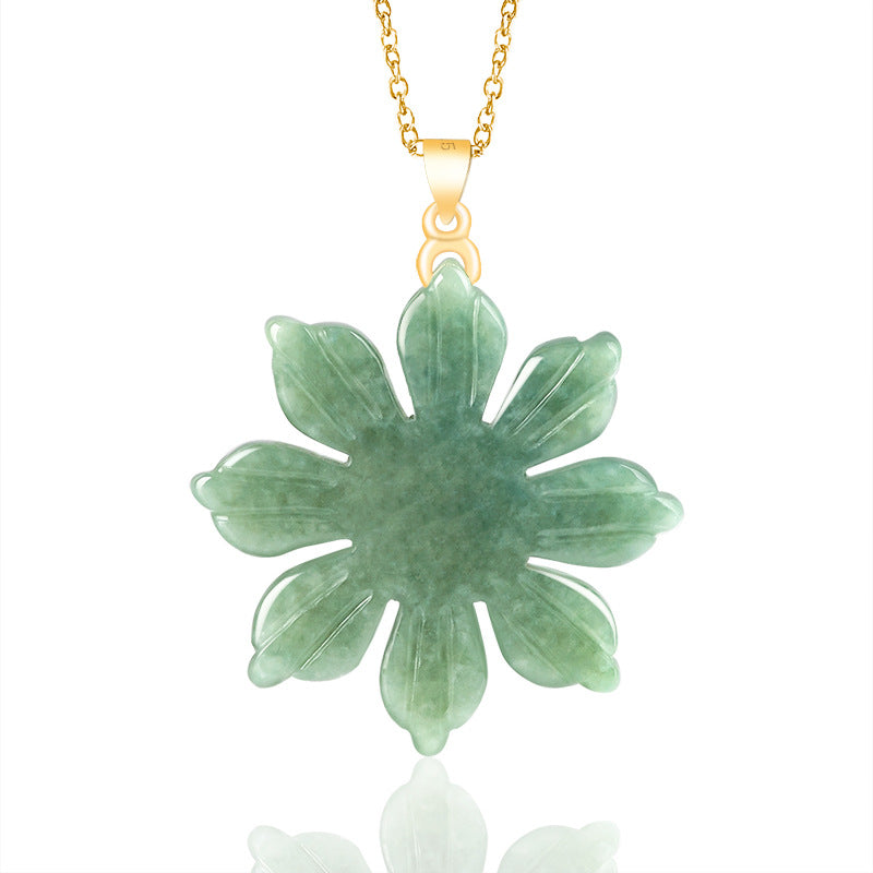 Grade A Jadeite Jade Sunflower S925 Silver Bail Pendant