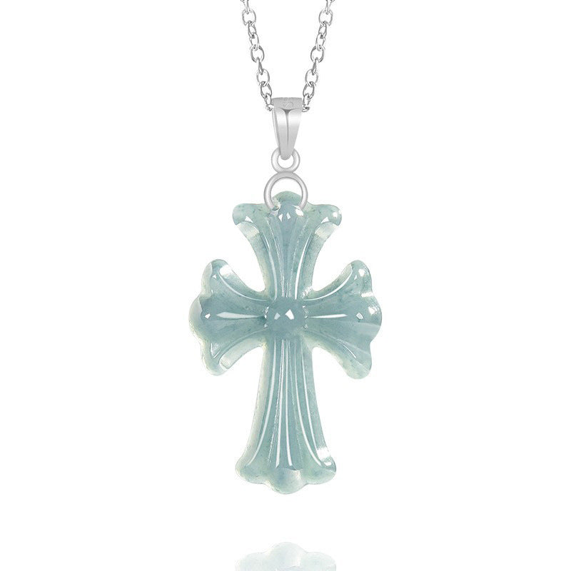 Blue Water Jadeite Jade Cross S925 Silver Pendant Necklace