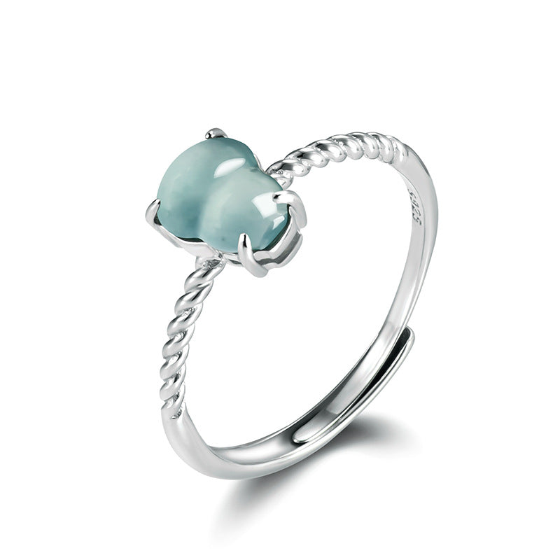 S925 Sterling Silver Set Grade A Ice-Type Blue Water Jadeite Jade Gourd Adjustable Ring