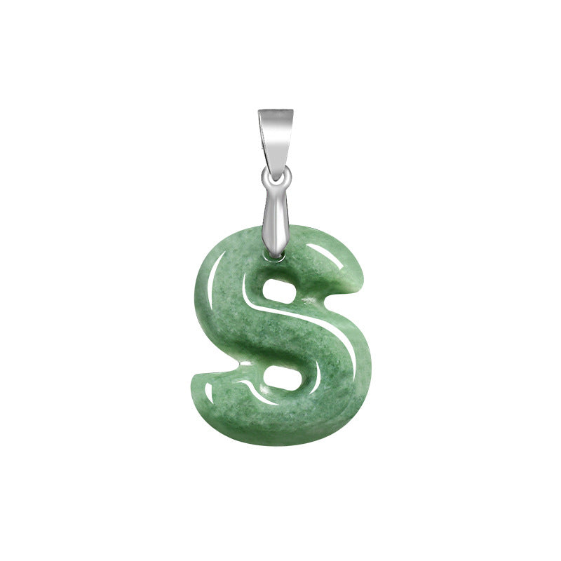 Grade A Jadeite Jade Alphabet Letter S925 Silver Bail Pendant Necklace