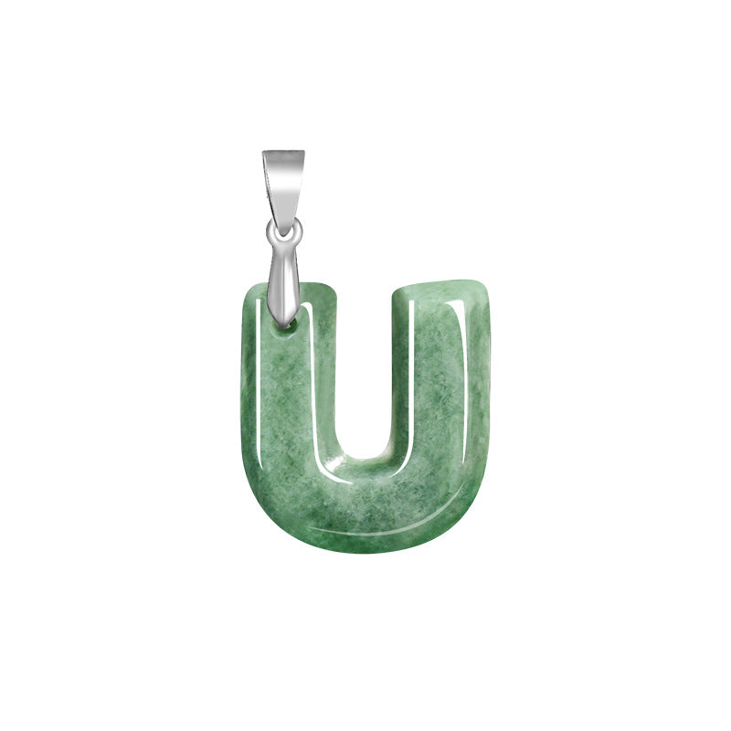 Grade A Jadeite Jade Alphabet Letter S925 Silver Bail Pendant Necklace