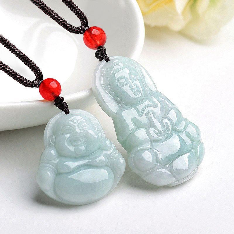 Burmese Grade A Jadeite Jade Guanyin and Maitreya Buddha Carved Pendant Necklace Collection