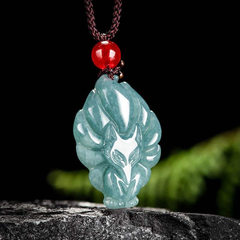 Blue Water Jadeite Jade Nine-Tailed Fox Pendant Necklace
