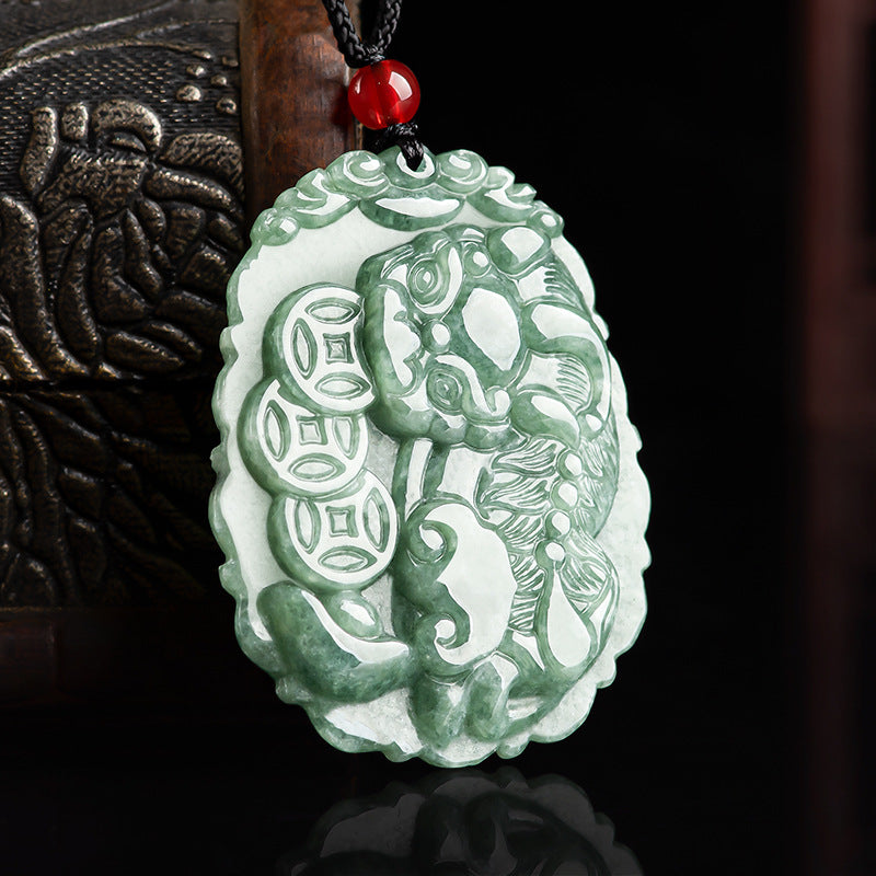 Grade A Ice Jadeite Jade Pixiu & Triple Wealth Coins Pendant Necklace