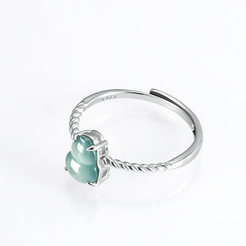 S925 Sterling Silver Set Grade A Ice-Type Blue Water Jadeite Jade Gourd Adjustable Ring