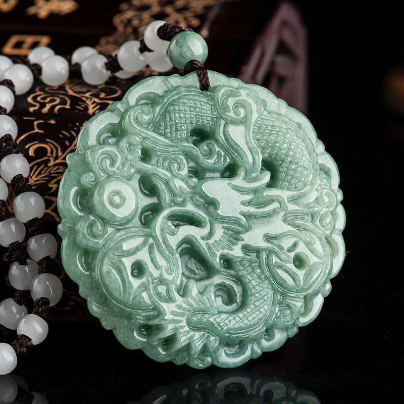 Grade A Icy Jadeite Jade Dragon and Wealth Coin Pendant Necklace