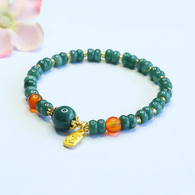 Blue Water Jadeite Abacus Bead and Agate Beaded Bracelet with Fu Coin Pendant