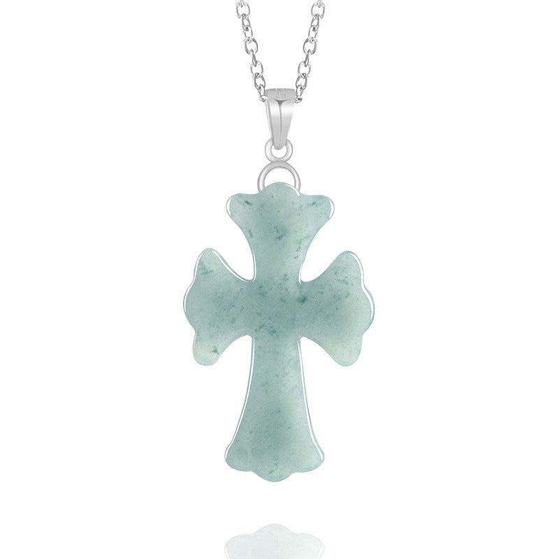 Blue Water Jadeite Jade Cross S925 Silver Pendant Necklace