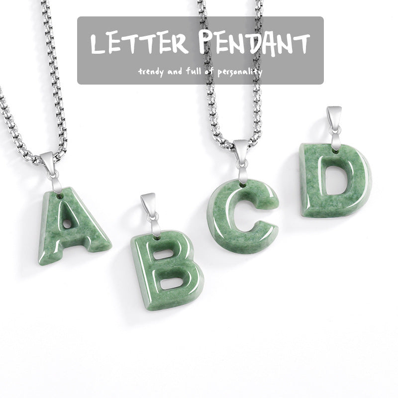 Grade A Jadeite Jade Alphabet Letter S925 Silver Bail Pendant Necklace