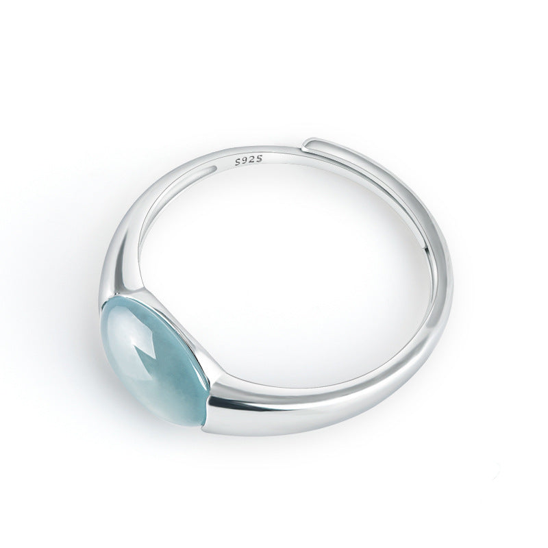 S925 Sterling Silver Set Grade A Ice-Type Blue Water Jadeite Jade Smooth Cabochon Adjustable Ring