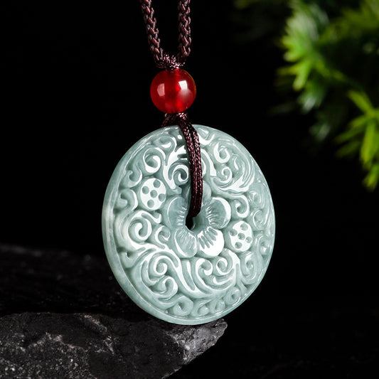 Blue Water Jadeite Jade Vintage Carved Peace Buckle Pendant Necklace