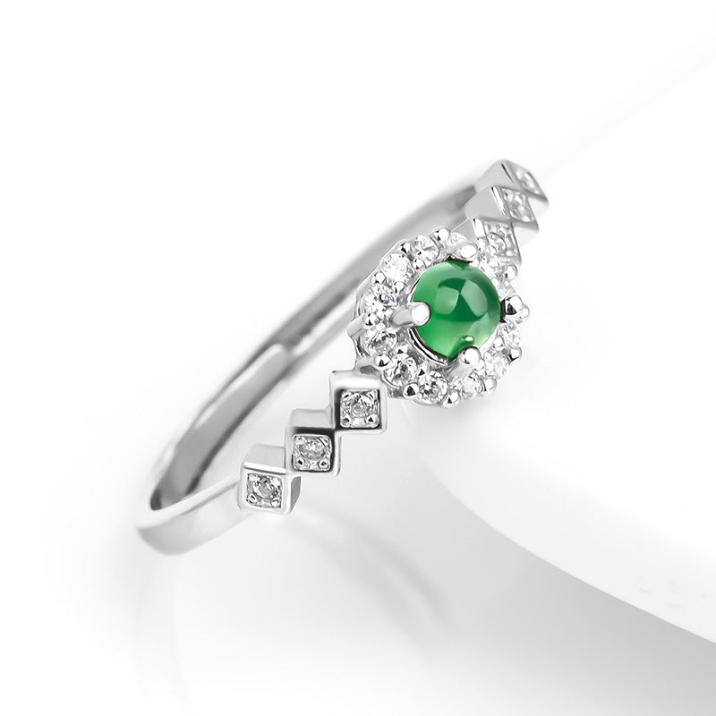 S925 Sterling Silver Set Grade A Ice-Type Vibrant Green Jadeite Cabochon Geometric Halo Adjustable Ring